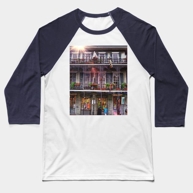 Sunny New Orleans French Quarter Nola Home with Iconic Blue Gray Architecture and Botanical Greenery in Southern Louisiana Baseball T-Shirt by Little Shop of Nola